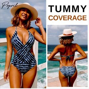 One piece halter cutout swimsuit in dark Navy blue